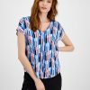Bar III Women's Printed Seamed V-Neck Short-Sleeve Top, Created For Macy's
