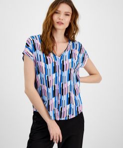 Bar III Women's Printed Seamed V-Neck Short-Sleeve Top, Created For Macy's