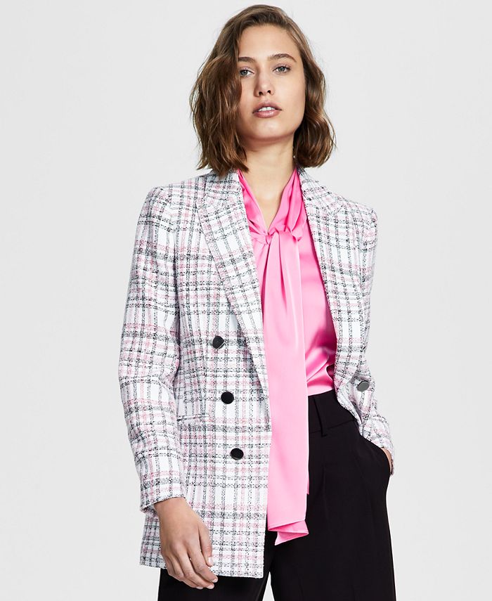 Women's Plaid Open-Front Faux-Double-Breasted Blazer, Created For Macy's Bar III Women's Plaid Open-Front Faux-Double-Breasted Blazer, Created For Macy's -CeCe cloth-shop