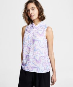 Bar III Women's Marble-Print Cowl Neck Sleeveless Blouse, Created For Macy's