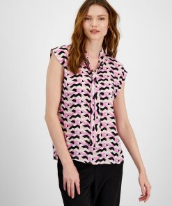Bar III Women's Printed Tie-Neck Cap-Sleeve Top, Created For Macy's