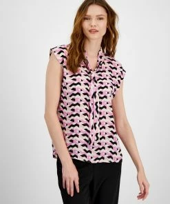 Bar III Women's Printed Tie-Neck Cap-Sleeve Top, Created For Macy's