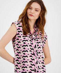 Bar III Women's Printed Tie-Neck Cap-Sleeve Top, Created For Macy's -CeCe cloth-shop 23359014 fpx