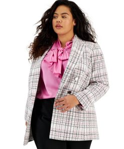 Bar III Plus Size Plaid Open-Front Button-Detail Blazer, Created For Macy's