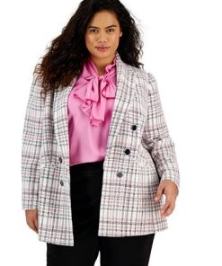 Bar III Plus Size Plaid Open-Front Button-Detail Blazer, Created For Macy's -CeCe cloth-shop 23359061 fpx