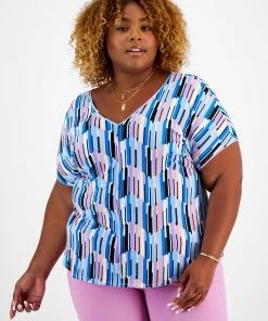 Bar III Plus Size Printed Seamed V-Neck Short-Sleeve Top, Created For Macy's
