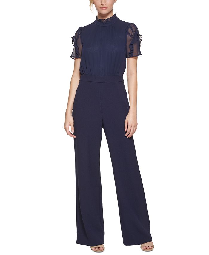 Women's Ruffled Mixed-Media Jumpsuit Vince Camuto Women's Ruffled Mixed-Media Jumpsuit -CeCe cloth-shop