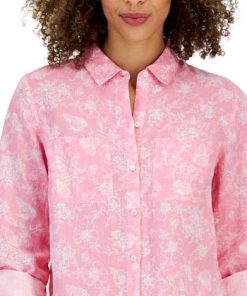 Charter Club Women's Linen Floral Tab-Sleeve Shirt, Created For Macy's -CeCe cloth-shop 23379543 fpx