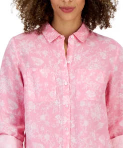 Charter Club Women's Linen Floral Tab-Sleeve Shirt, Created For Macy's -CeCe cloth-shop 23379543 fpx