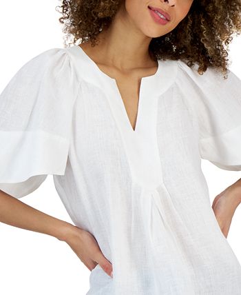 Women's Linen Split-Neck Flutter-Sleeve Top, Created For Macy's Charter Club Women's Linen Split-Neck Flutter-Sleeve Top, Created For Macy's -CeCe cloth-shop