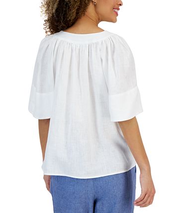 Women's Linen Split-Neck Flutter-Sleeve Top, Created For Macy's Charter Club Women's Linen Split-Neck Flutter-Sleeve Top, Created For Macy's -CeCe cloth-shop