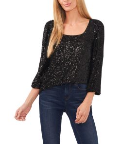 CeCe Women's Scoop Neck Puff Sleeve Sequin Top