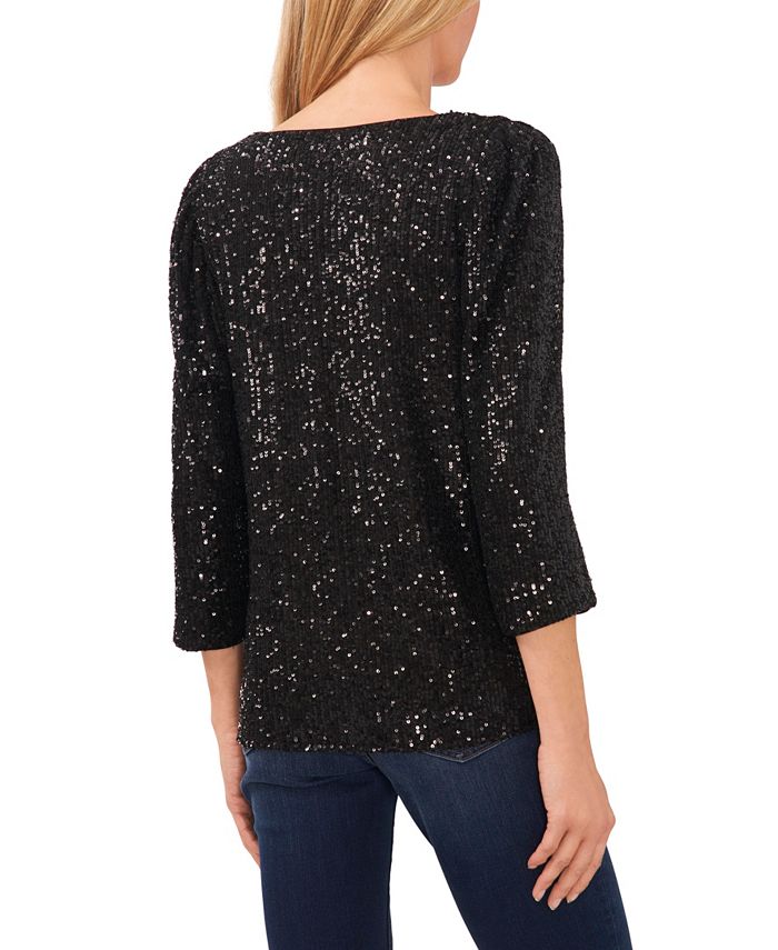 CeCe Women's Scoop Neck Puff Sleeve Sequin Top 2 CeCe Women's Scoop Neck Puff Sleeve Sequin Top - Image 2