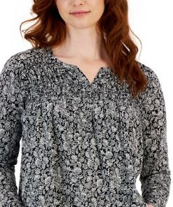 Style & Co Women's Floral-Print Smocked Knit Top, Created For Macy's -CeCe cloth-shop 23412074 fpx