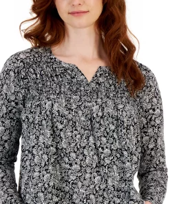 Style & Co Women's Floral-Print Smocked Knit Top, Created For Macy's -CeCe cloth-shop 23412074 fpx