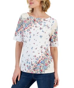 Karen Scott Women's Givery Garden Boat-Neck Elbow-Sleeve Top, Created For Macy's