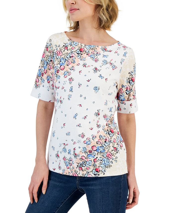 Karen Scott Women's Givery Garden Boat-Neck Elbow-Sleeve Top, Created For Macy's 1 Karen Scott Women's Givery Garden Boat-Neck Elbow-Sleeve Top, Created For Macy's