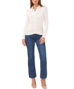 Vince Camuto Women's Solid-Color Ruched Split-Neck Top -CeCe cloth-shop 23441097 fpx