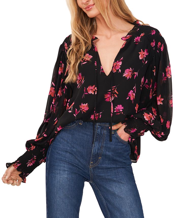 Women's Printed Pleated-Sleeve Smocked Blouse Vince Camuto Women's Printed Pleated-Sleeve Smocked Blouse -CeCe cloth-shop