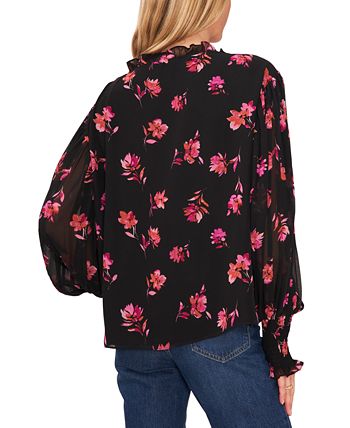 Women's Printed Pleated-Sleeve Smocked Blouse Vince Camuto Women's Printed Pleated-Sleeve Smocked Blouse -CeCe cloth-shop