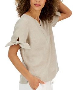 Charter Club Women's Linen Split-Neck Tie-Cuff Top, Created For Macy's -CeCe cloth-shop 23481716 fpx