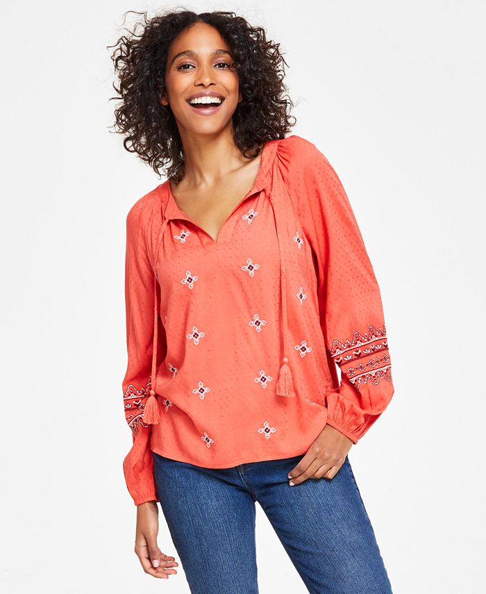 Women's Drapey Embroidered Long-Sleeve Top, Created For Macy's Style & Co Women's Drapey Embroidered Long-Sleeve Top, Created For Macy's -CeCe cloth-shop