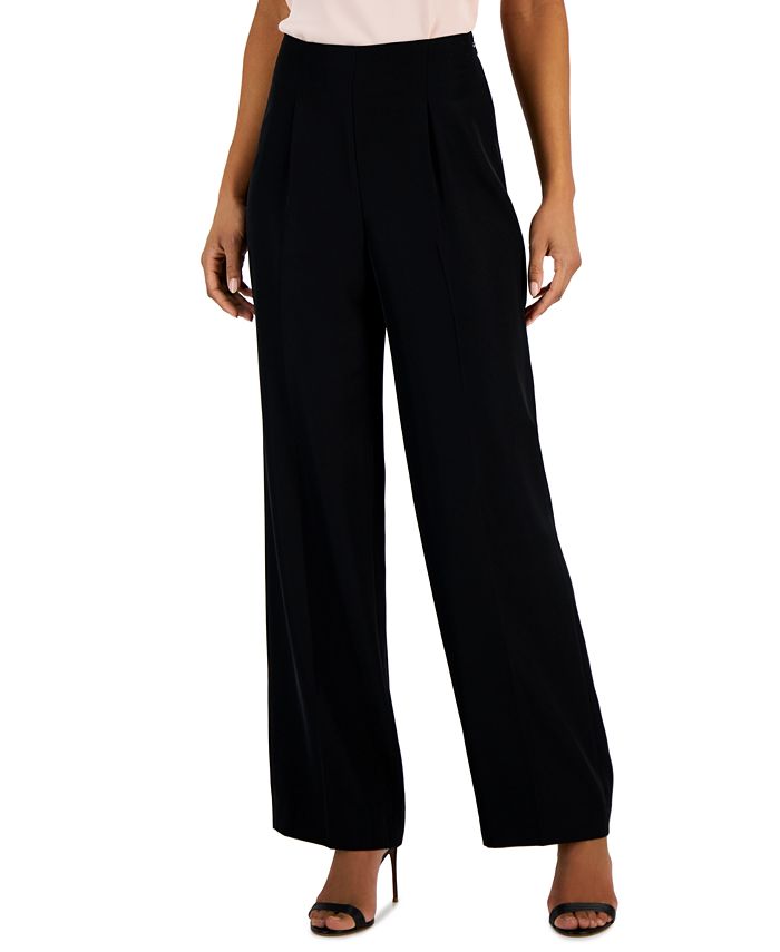 Women's Crepe De Chine High-Rise Wide-Leg Pants With Pleats Anne Klein Women's Crepe De Chine High-Rise Wide-Leg Pants With Pleats -CeCe cloth-shop