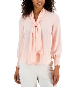 Anne Klein Women's Chiffon Smocked-Cuff Bow Blouse