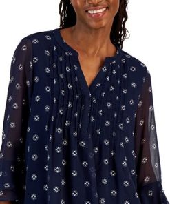 Charter Club Women's Floral 3/4-Sleeve Pintuck Top, Created For Macy's -CeCe cloth-shop 23507837 fpx
