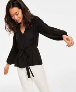 Anne Klein Women's Faux-Wrap Long-Sleeve Peplum Blouse