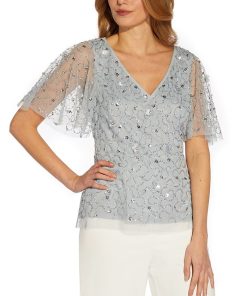 Adrianna Papell Women's Beaded Flutter-Sleeve Top