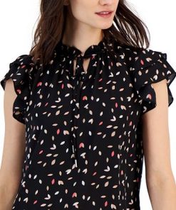 Anne Klein Women's Printed Ruffled Tie-Neck Flutter-Sleeve Top -CeCe cloth-shop 23542133 fpx