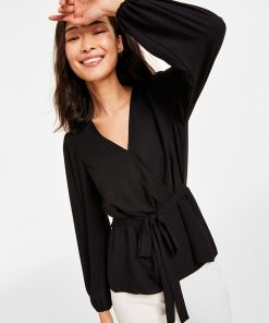 Anne Klein Women's Faux-Wrap Long-Sleeve Peplum Blouse -CeCe cloth-shop 23542176 fpx