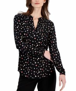 Anne Klein Women's Printed Split-Neck Long-Sleeve Top