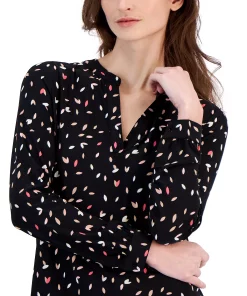 Anne Klein Women's Printed Split-Neck Long-Sleeve Top -CeCe cloth-shop 23542356 fpx