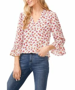 CeCe Women's Elbow Sleeve Ruffled V-neckline Blouse