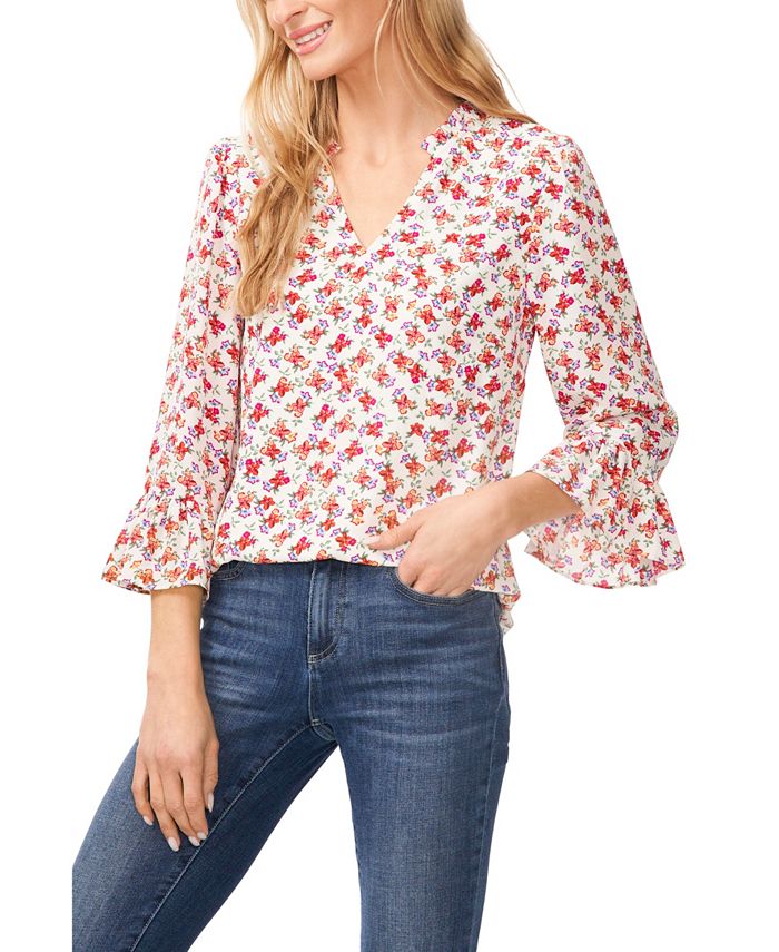 Women's Elbow Sleeve Ruffled V-neckline Blouse CeCe Women's Elbow Sleeve Ruffled V-neckline Blouse -CeCe cloth-shop