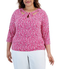 Kasper Plus Size Cut-Out Floral-Print 3/4-Sleeve Top