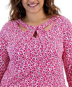 Kasper Plus Size Cut-Out Floral-Print 3/4-Sleeve Top -CeCe cloth-shop 23566763 fpx