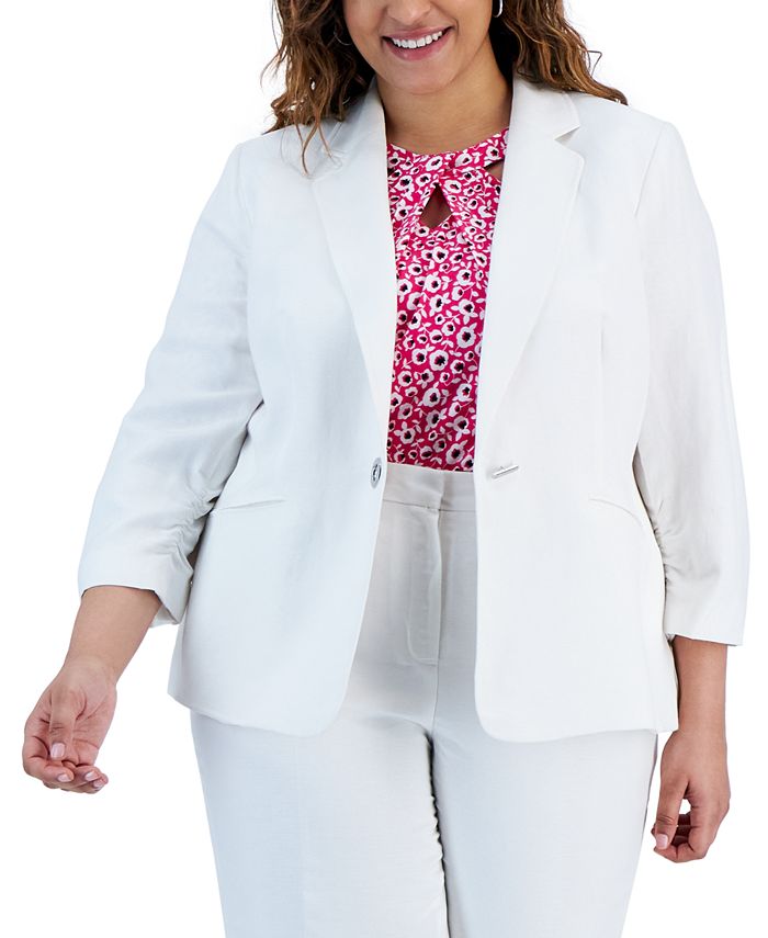 Plus Size One-Button Ruched-Sleeve Blazer Kasper Plus Size One-Button Ruched-Sleeve Blazer -CeCe cloth-shop