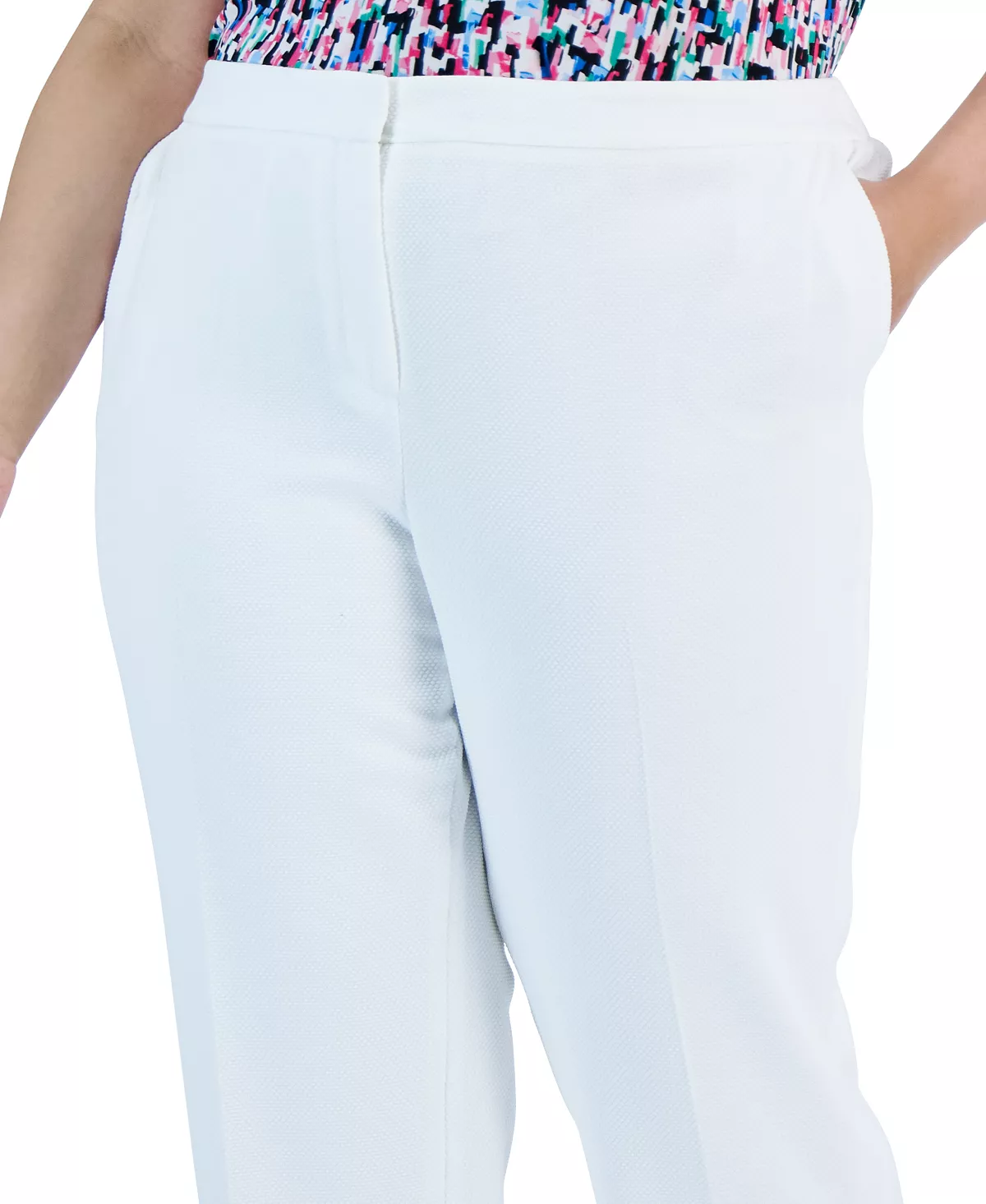 Plus Size Elasticized-Waist Side-Slit Pique Pants Kasper Plus Size Elasticized-Waist Side-Slit Pique Pants -CeCe cloth-shop