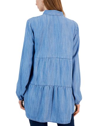 Women's Tiered Button-Up Long-Sleeve Chambray Shirt, Created For Macy's Style & Co Women's Tiered Button-Up Long-Sleeve Chambray Shirt, Created For Macy's -CeCe cloth-shop