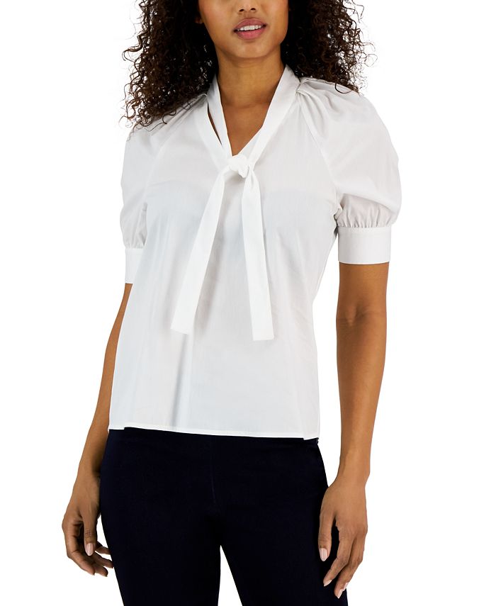 Women's Short-Sleeve Poplin Tie-Neck Top Anne Klein Women's Short-Sleeve Poplin Tie-Neck Top -CeCe cloth-shop