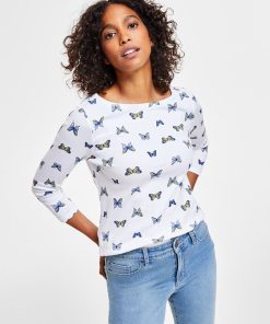 Charter Club Women's Butterfly-Print 3/4-Sleeve Top, Created For Macy's
