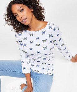 Charter Club Women's Butterfly-Print 3/4-Sleeve Top, Created For Macy's -CeCe cloth-shop 23601141 fpx