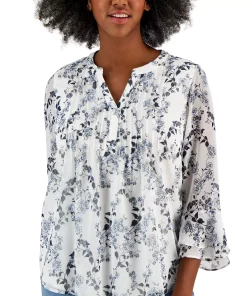 Charter Club Women's Printed Pintuck Top, Created For Macy's -CeCe cloth-shop 23610531 fpx