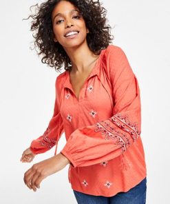 Style & Co Women's Drapey Embroidered Long-Sleeve Top, Created For Macy's 2 Style & Co Women's Drapey Embroidered Long-Sleeve Top, Created For Macy's -CeCe cloth-shop 23611425 fpx