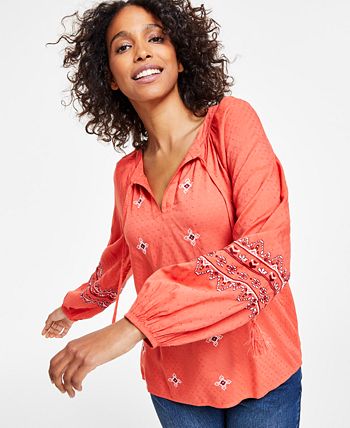 Women's Drapey Embroidered Long-Sleeve Top, Created For Macy's Style & Co Women's Drapey Embroidered Long-Sleeve Top, Created For Macy's -CeCe cloth-shop