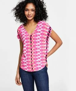 Bar III Women's Printed V-Neck Knit Top, Created For Macy's