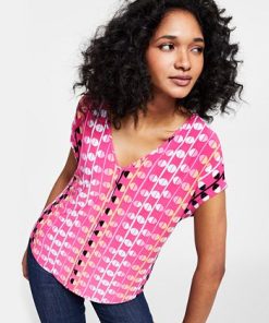 Bar III Women's Printed V-Neck Knit Top, Created For Macy's -CeCe cloth-shop 23612389 fpx